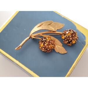 Vintage Double Floral Amber and Brown Rhinestone Brooch